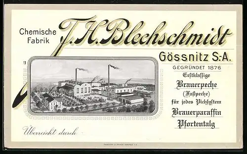 Vertreterkarte Gössnitz, Chemische Fabrik F. H. Belchscmidt, Blick auf die Fabrik
