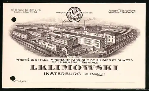 Vertreterkarte Insterburg, Erste Ostpreussische Bettfedern-Fabrik I. Klimowski, Werksanlage