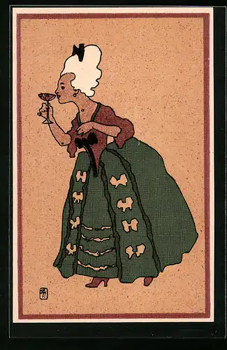 Vertreterkarte München, Kunstgewerbehaus und Kunsthandlung Frz. X. Thallmaier, Frau im Barockkleid