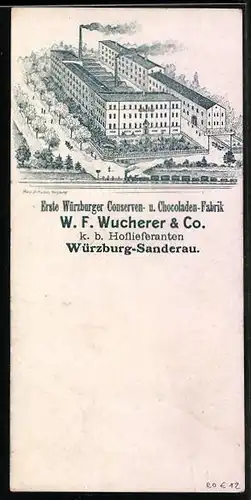 Vertreterkarte Würzburg, Conserven- u. Chocoladen Fabrik W. F. Wucherer & Co., Werksansicht, Domstrasse