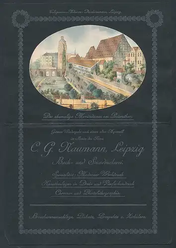 Vertreterkarte Leipzig, Buch- und Steindruckerei C. G. Naumann, Blick auf den Moritzdamm am Petersthor