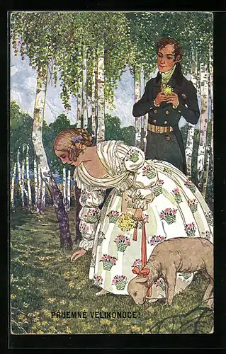 Künstler-AK sign. J. Wenig: Prijemne Velikonoce, Junges Paar beim Osterspaziergang