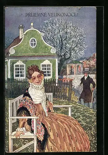Künstler-AK sign. J. Wenig: Prijemne Velikonoce, Dame bekommt Herrenbesuch
