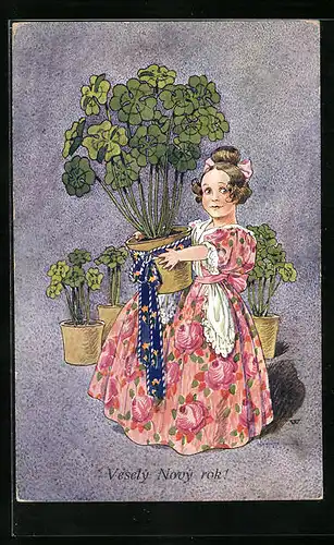 Künstler-AK sign. J. Wenig: Vesely Novy rok, Mädchen mit riesigen Glückskleepflanzen