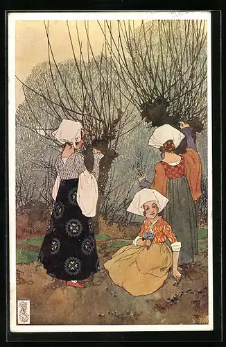 Künstler-AK sign. J. Wenig: Mädchen schneiden Weidenzweige fürs Osterfest