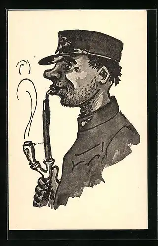 Künstler-AK sign. Jarka Doubalik: Ponocny, Eisenbahner raucht Pfeife