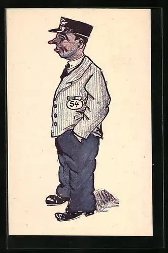 Künstler-AK sign. Jarka Doubalik: Nosic, Eisenbahner in gestreifter Arbeitsjacke