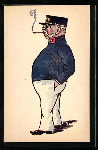 Künstler-AK sign. Jarka Doubalik: Pan prednosta d. u., Eisenbahner bei gemütlicher Rauchpause