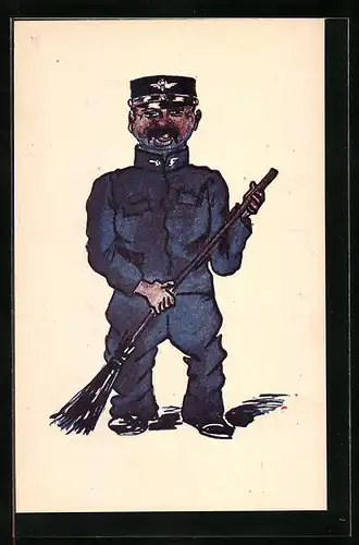 Künstler-AK sign. Jarka Doubalik: Stanicni pisar, Eisenbahner mit Besen