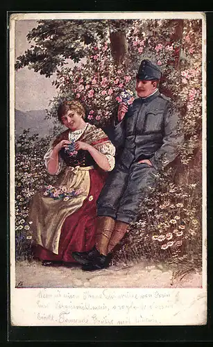 Künstler-AK sign. A. Hartmann: Soldat beim Stelldichein mit der Liebsten