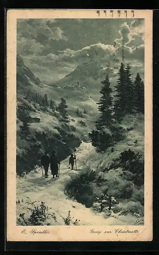 Künstler-AK sign. E. Spindler: Gang zur Christmette