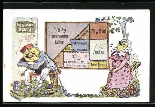 AK Osterküken mit Lebensmittelmarken, Kriegsnot