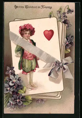 Präge-AK Herz-Bube auf Kartenspiel