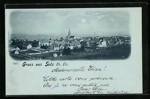 Mondschein-AK Sulz Ob. Els., Gesamtansicht mit vorgelagerten Gärten