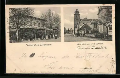 AK Lutterbach, Restaurant Lienemann, Hauptstrasse mit Kirche