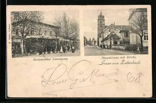 AK Lutterbach, Restaurant Lienemann, Hauptstrasse mit Kirche