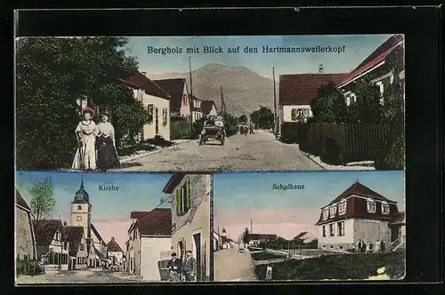 AK Bergholz, Strassenpartie mit Blick auf Hartmannsweilerkopf, Kirche, Schulhaus