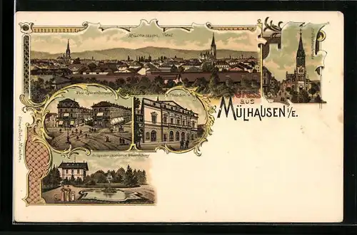 Lithographie Mülhausen, Theater, Neu-Quartierplatz, Anlage der städt. Wasserleitung