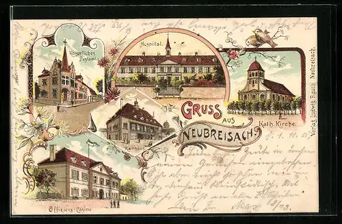 Lithographie Neubreisach, Hospital, Rathaus, Offiziers-Casino