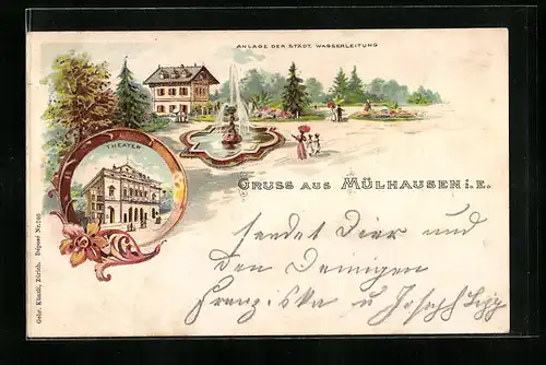 Lithographie Mülhausen, Theater, Anlagen der städt. Wasserleitung