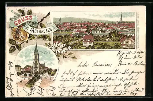 Lithographie Mülhausen, Kath. Kirche, Panorama