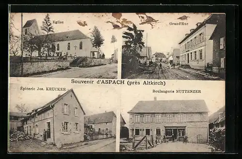 AK Aspach, Boulangerie Muttenzer, Épicerie Jos. Krucker, Grand`Rue