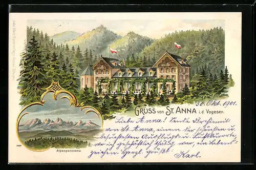 Lithographie St. Anna /Vogesen, Hotel, Alpenpanorama