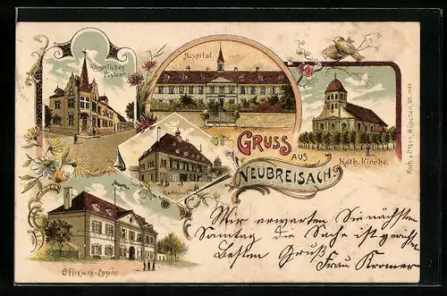 Lithographie Neubreisach, Kaiserl. Postamt, Hospital, Rathaus