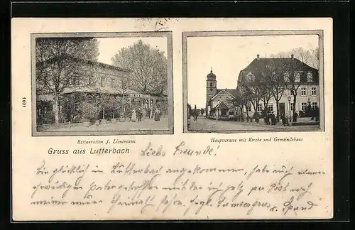 AK Lutterbach, Restaurant Lienemann, Hauptstrasse mit Kirche