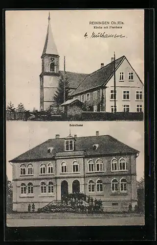AK Reiningen, Schulhaus, Kirche mit Pfarrhaus