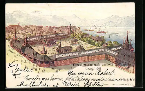 AK Vevey, Exposition cantonale vaudoise 1901, Ausstellungsgelände am Seeufer