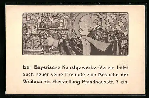 AK München, Weihnachts-Ausstellung Bayerische Kunstgewerbe-Verein Pfandhausstr. 7, Münchner Kindl mit Werkzeug