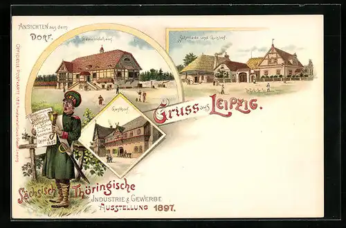 Lithographie Leipzig, Sächsisch Thüringische Ausstellung 1897, Ausrufer mit Glocke, Gasthof, Gemeindehaus, Schmiede
