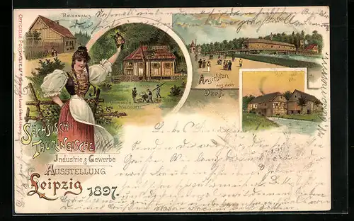Lithographie Leipzig, Industrie - und Gewerbe-Ausstellung 1897, Bauernhaus, Waldhütte, Brücke, Trachtenmädchen