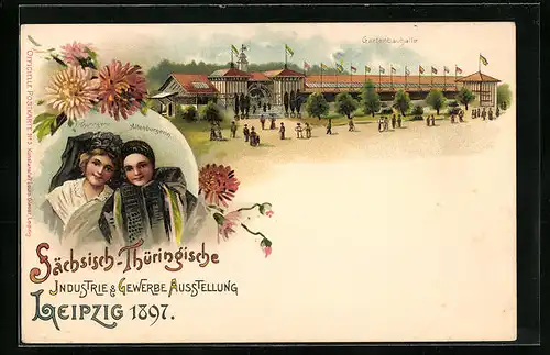 Lithographie Leipzig, Industrie - und Gewerbe-Ausstellung 1897, Gartenbauhalle, Damen in Tracht