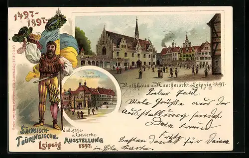 Lithographie Leipzig, Industrie - und Gewerbe-Ausstellung 1897, Rathaus & Naschmarkt, Eingang zur Messstadt