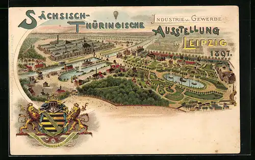 Lithographie Leipzig, Industrie - und Gewerbe-Ausstellung 1897, Ausstellungsgelände im Panorama, Wappen