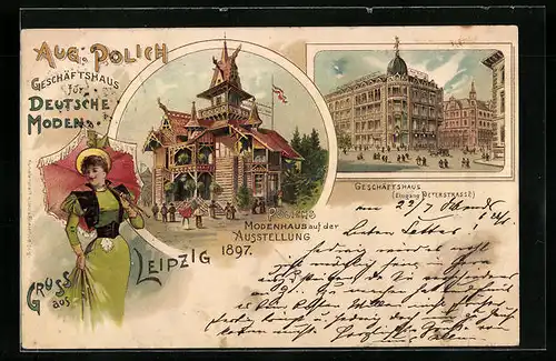 Lithographie Leipzig, Ausstellung 1897, Modenhaus Polich, Geschäftshaus (Eingang Peterstrasse), Dame mit Schirm
