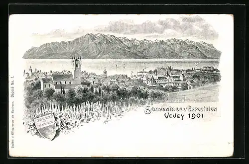 AK Vevey, Souvenir De L'Exposition 1901, Ausstellungsgelände und Seeblick