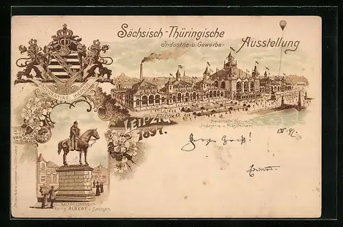Lithographie Leipzig, Industrie - und Gewerbe-Ausstellung 1897, Reiterstandbild König Albert von Sachsen, Messegelände