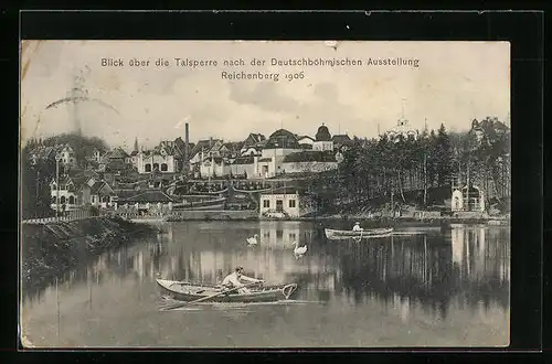 AK Reichenberg, Deutsch-Böhmische Ausstellung 1906, Messegelände von der Talsperre aus gesehen