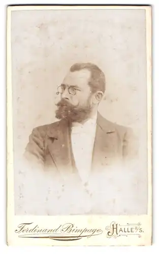 Fotografie Ferdinand Bimpage, Halle a. S., Alte Promenade 9, Portrait charmanter Herr mit Vollbart und Zwicker