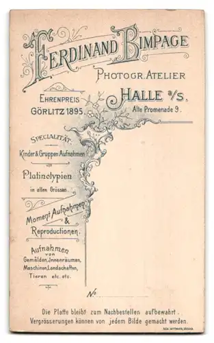 Fotografie Ferdinand Bimpage, Halle a. S., Alte Promenade 9, Portrait charmanter Herr mit Vollbart und Zwicker