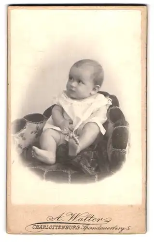 Fotografie A. Walter, Berlin-Charlottenburg, Spandauerberg 5, Portrait niedliches Baby im weissen Hemdchen