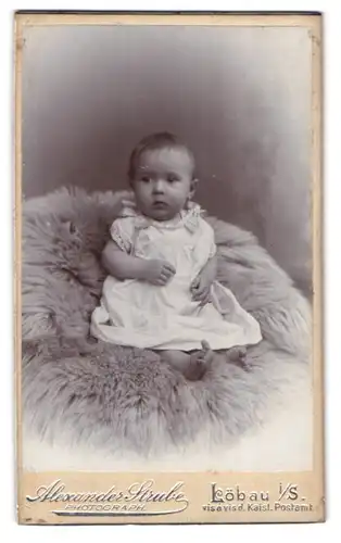 Fotografie Alexander Strube, Löbau i. S., Portrait süsses Baby im weissen Kleidchen auf Fell sitzend