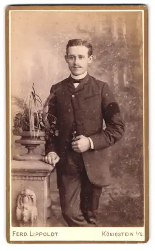 Fotografie Ferd. Lippoldt, Königstein i. S., Portrait stattlicher junger Mann mit Oberlippenbart im Anzug