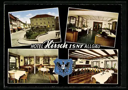 AK Isny / Allgäu, Hotel Hirsch, Aussen- und Innenansichten, Wappen