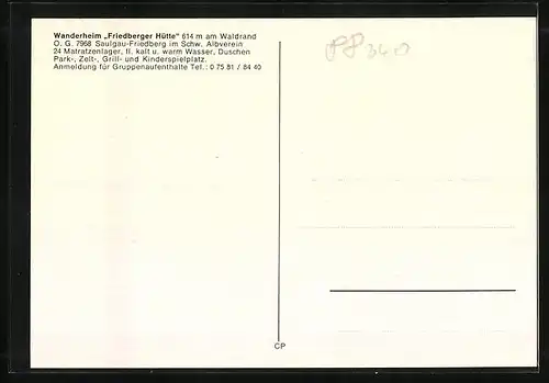 AK Saulgau-Friedberg, Wanderheim Friedberger Hütte