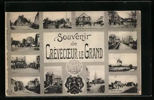 AK Crevecoeur-le-Grand, Strassen- und Gebäudeansichten, Wappen, Mühle