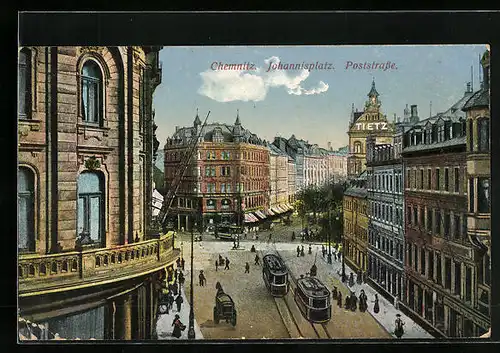 AK Chemnitz, Strassenbahnverkehr auf der Poststrasse Ecke Johannisplatz